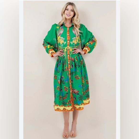 None Dresses & Skirts - Green Peacock Floral Lantern Sleeve Midi Dress, No Belt K20